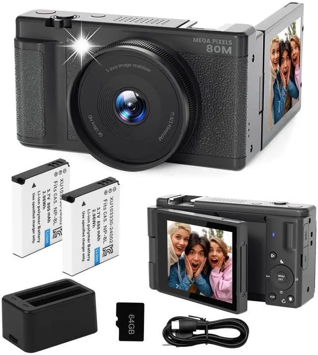 Main image of 5K UHD Digital Camera for Photography, Autofocus 80MP Point & Shoot Vlog Camera for YouTube, 3" 270° Flip Screen Dual Lens Selfie with18x Digital Zoom, 64GB SD Card, 2 Batteries & Charger,Black