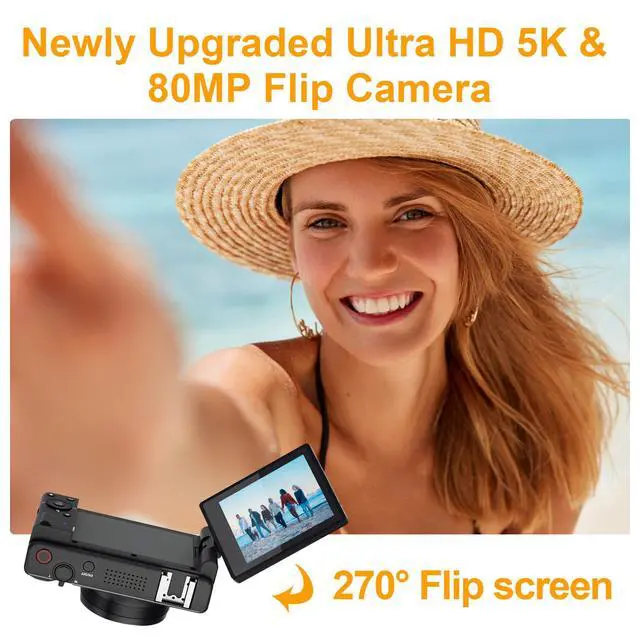 Alt view image 2 of 6 - 5K UHD Digital Camera for Photography, Autofocus 80MP Point & Shoot Vlog Camera for YouTube, 3" 270° Flip Screen Dual Lens Selfie with18x Digital Zoom, 64GB SD Card, 2 Batteries & Charger,Black