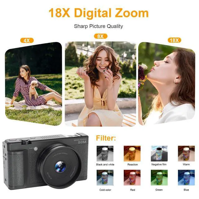 Alt view image 4 of 6 - 5K UHD Digital Camera for Photography, Autofocus 80MP Point & Shoot Vlog Camera for YouTube, 3" 270° Flip Screen Dual Lens Selfie with18x Digital Zoom, 64GB SD Card, 2 Batteries & Charger,Black
