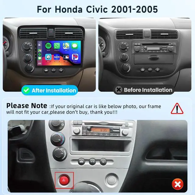 Alt view image 2 of 6 - 8 Core 4G+64G Car Radio for Honda Civic 2001 2002 2003 2004 2005, Wireless Apple Carplay Android Auto Car Stereo, 9 IPS Touchscreen with WiFi, GPS, Bluetooth,FM/RDS, 32EQ DSP, Rear Camera