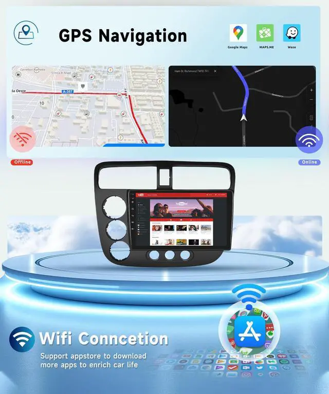 Alt view image 5 of 6 - 8 Core 4G+64G Car Radio for Honda Civic 2001 2002 2003 2004 2005, Wireless Apple Carplay Android Auto Car Stereo, 9 IPS Touchscreen with WiFi, GPS, Bluetooth,FM/RDS, 32EQ DSP, Rear Camera