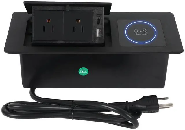 Main image of Pop Up Outlet with 15W Wireless Charger, Power Strip with 2 AC Outlets, USB A and USB C Charging Ports Recessed Multimedia Strip Socket Hidden Table Connection Box with Outlet (Black-F-Wireless)