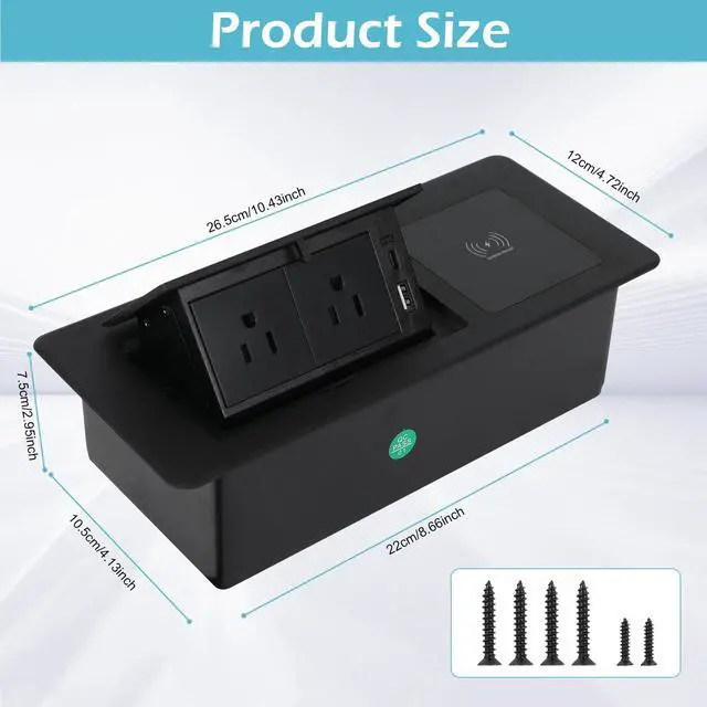 Alt view image 2 of 6 - Pop Up Outlet with 15W Wireless Charger, Power Strip with 2 AC Outlets, USB A and USB C Charging Ports Recessed Multimedia Strip Socket Hidden Table Connection Box with Outlet (Black-F-Wireless)