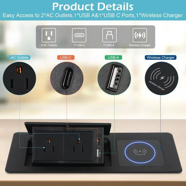 Alt view image 3 of 6 - Pop Up Outlet with 15W Wireless Charger, Power Strip with 2 AC Outlets, USB A and USB C Charging Ports Recessed Multimedia Strip Socket Hidden Table Connection Box with Outlet (Black-F-Wireless)