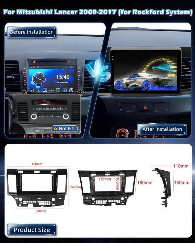 Alt view image 2 of 6 - 4G+128G Android 15 Car Stereo for Mitsubishi Lancer 2008-2017 (for Rockford System) with Wireless Carplay/Android Auto - 10 Inch HD Touchscreen Radio with EQ/5GHz WiFi/GPS/SWC, AHD Rear View Camera