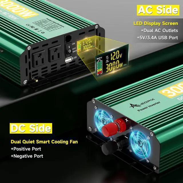 Alt view image 2 of 6 - 3000 Watt Inverter 12V to 110V/120V 6000W Peak Truck Power Inverter for Vehicles, Modified Sine Wave AC to DC Converter for RV Home with 2 AC Outlets 3.4A USB Port LED Didplay Remote Controller