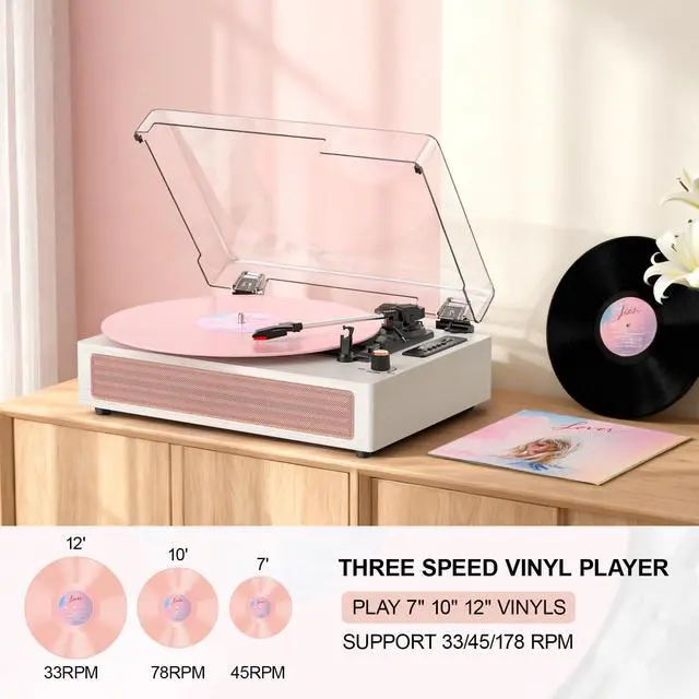 Alt view image 4 of 6 - Vinyl Record Player with Speakers, Pink Vintage Bluetooth Record Player with EQ Sound Modes & LED Display, 3-Speed Turntable for Vinyl Records, USB Recording, TF Card Playback, AUX & RCA Output