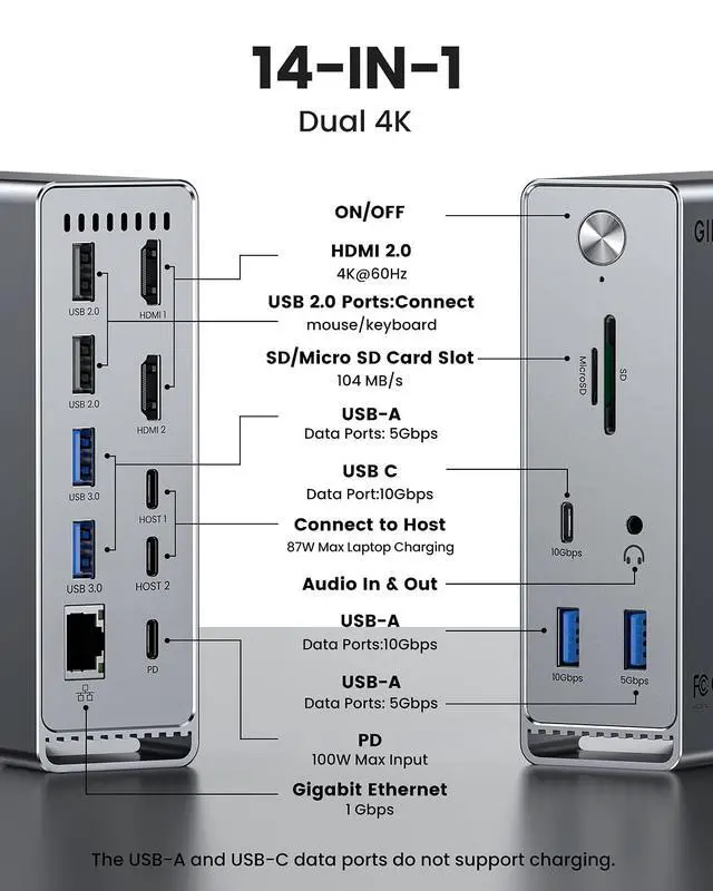 Alt view image 2 of 6 - MacBook Pro Docking Station, 14-in-2 Dual USB C Docking Station Dual Monitor for MacBook Pro (Not M1/ M2) MacBook Air Dock with Dual 4K HDMI 60Hz, 10Gbps USB, RJ45, Audio, SD/TF Slots, 87W PD