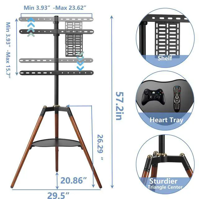 Alt view image 4 of 6 - Universal Tripod Easel TV Stand for 32-65 inch LED LCD Screen Flat Curved Screen, Height Adjustable Studio TV Display Stand with 140° Swivel for Bedroom, Living Room, Corner TV Stand