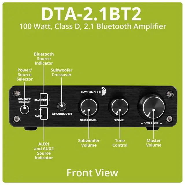 Alt view image 2 of 4 - DTA-2.1BT2 Bluetooth 5.0 Stereo Audio 2.1 Channel Amplifier Receiver Mini Hi-Fi Class D Integrated Amp 2.1 CH for Home Speakers 100W and 100W Sub Output