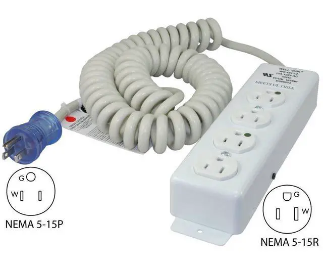 Alt view image 3 of 4 - 55220-CC Up to 12-Feet 14/3 Hospital Grade Coiled Cord with Medical 4 Outlets Power Strip for Model UL1363A