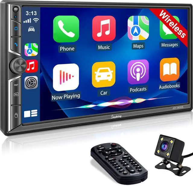 Main image of 7 Inch Double Din Car Stereo with Wireless CarPlay and Android Auto, Bluetooth, Phone Mirror Link, HD Touchscreen, Backup Camera, 4.2-Channel, FM/AM Car Radio