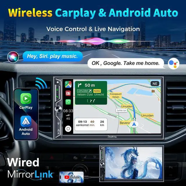 Alt view image 2 of 6 - 7 Inch Double Din Car Stereo with Wireless CarPlay and Android Auto, Bluetooth, Phone Mirror Link, HD Touchscreen, Backup Camera, 4.2-Channel, FM/AM Car Radio