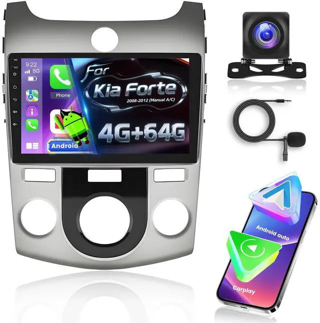 Main image of 4+64G Android 13 Car Radio for Kia Forte 2008-2012 (Manual A/C) - Wireless Carplay & Android Auto - 9 Inch Touchscreen Radio with 32 EQ DSP/5GHz WiFi/GPS/SWC/Split Screen + AHD Rear View Camera