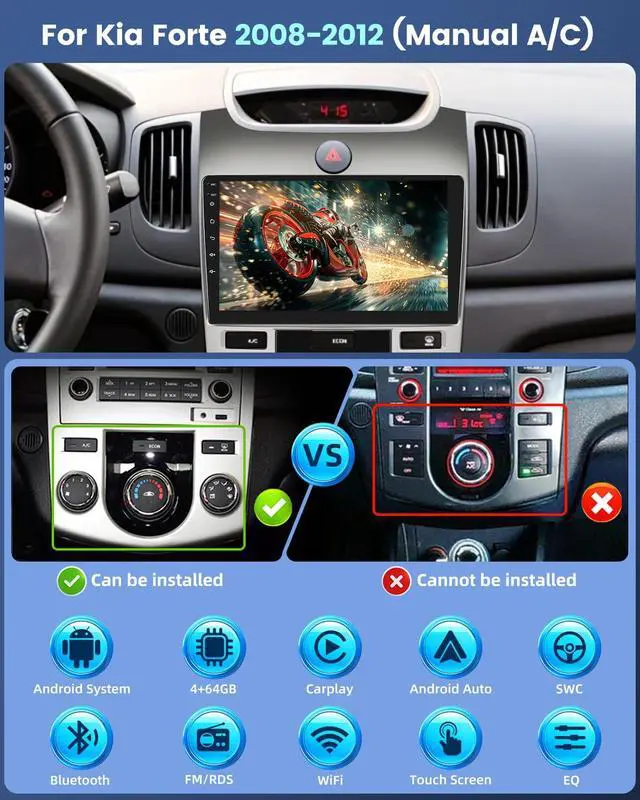 Alt view image 2 of 6 - 4+64G Android 13 Car Radio for Kia Forte 2008-2012 (Manual A/C) - Wireless Carplay & Android Auto - 9 Inch Touchscreen Radio with 32 EQ DSP/5GHz WiFi/GPS/SWC/Split Screen + AHD Rear View Camera