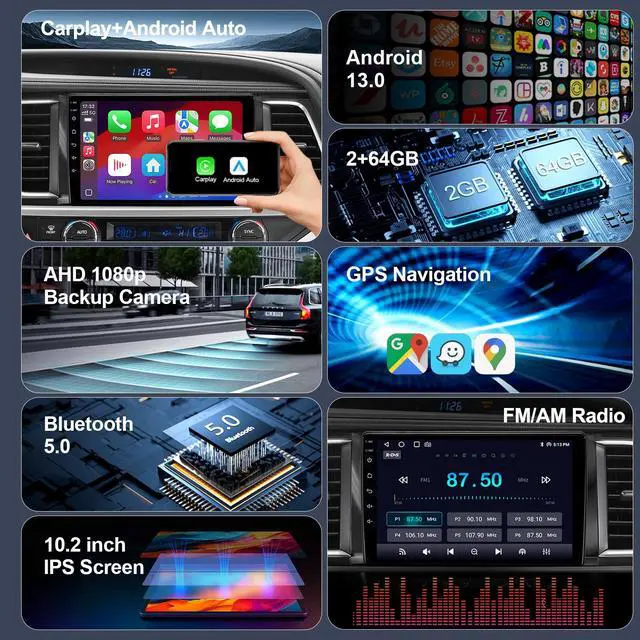 Alt view image 3 of 6 - 10.2'' 64GB Car Radio Stereo for 2014-2019 Toyota Highlander Radio Upgrade, Plug and Play Android 13 Head Unit with Wireless Carplay/Android Auto/1080P Rear View Camera/AM FM Radio