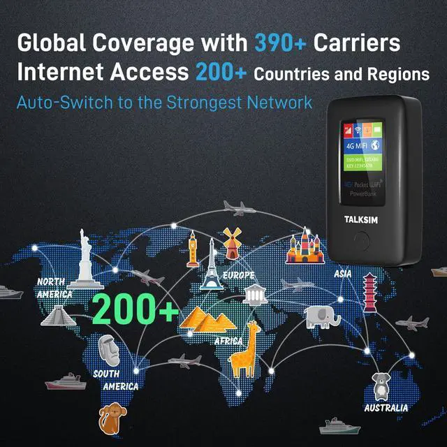 Alt view image 2 of 6 - 4G Mobile Hotspot with US 1GB, Portable WiFi Hotspot Device for Travel in 140+ Countries and Regions, 6000mAh Battery, 10 Connected Devices, No SIM Required, No Contract