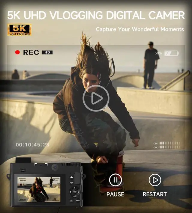 Alt view image 3 of 6 - 5K Digital Camera for Vlogging, 75MP Photo Camera with 3" Screen | Compact beginner video creator bundle, 18X zoom, 30 built-in creative filters, dual batteries and 32GB SD card included