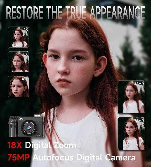 Alt view image 4 of 6 - 5K Digital Camera for Vlogging, 75MP Photo Camera with 3" Screen | Compact beginner video creator bundle, 18X zoom, 30 built-in creative filters, dual batteries and 32GB SD card included