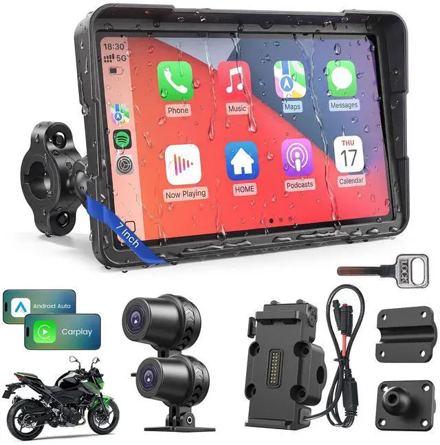 Main image of 7" Motor CarPlay for Apple CarPlay & Android Auto GPS Navigation | With 2K Dual Dash Cam IP69 Waterproof Anti-Glare Screen with Quick Release Mount (Support TPMS, Buy Separately)
