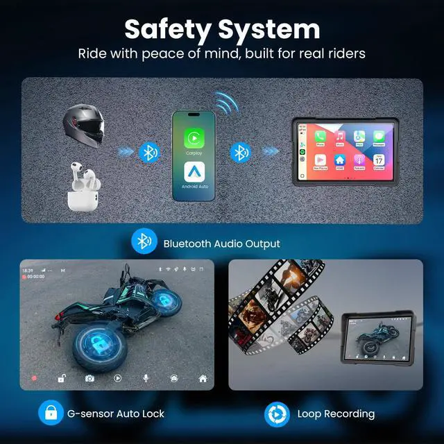 Alt view image 3 of 6 - 7" Motor CarPlay for Apple CarPlay & Android Auto GPS Navigation | With 2K Dual Dash Cam IP69 Waterproof Anti-Glare Screen with Quick Release Mount (Support TPMS, Buy Separately)