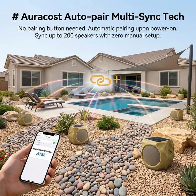 Alt view image 3 of 3 - 8 Inch Solar Rock Speaker Peak 80W Deep Bass, 22Hr Playtime, Bluetooth 5.4 Hi-Fi Stereo, Waterproof/Multi-Sync 200 Speakers, Auto-Pairing Auracast, Remote Control for Patio Garage Home