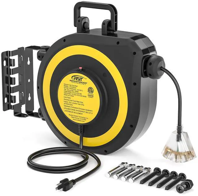 Main image of 50 FT Retractable Extension Cord Reel, 14AWG/3C SJTOW | Heavy Duty Power Cord with Lighted Triple Tap, 180° Swivel Wall/Ceiling Mount, 13-Amp Circuit Breaker, ETL Listed
