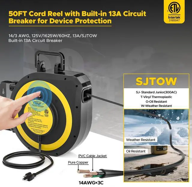 Alt view image 2 of 5 - 50 FT Retractable Extension Cord Reel, 14AWG/3C SJTOW | Heavy Duty Power Cord with Lighted Triple Tap, 180° Swivel Wall/Ceiling Mount, 13-Amp Circuit Breaker, ETL Listed
