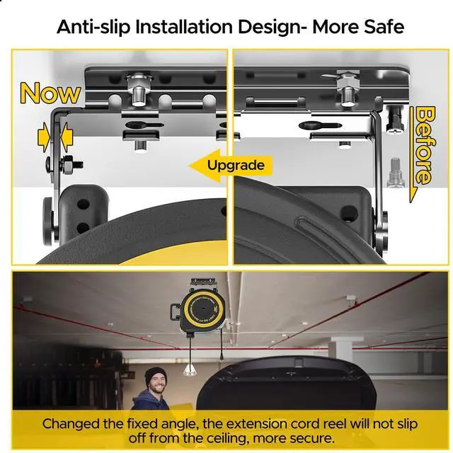 Alt view image 3 of 5 - 50 FT Retractable Extension Cord Reel, 14AWG/3C SJTOW | Heavy Duty Power Cord with Lighted Triple Tap, 180° Swivel Wall/Ceiling Mount, 13-Amp Circuit Breaker, ETL Listed