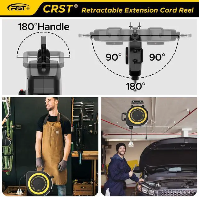 Alt view image 4 of 5 - 50 FT Retractable Extension Cord Reel, 14AWG/3C SJTOW | Heavy Duty Power Cord with Lighted Triple Tap, 180° Swivel Wall/Ceiling Mount, 13-Amp Circuit Breaker, ETL Listed