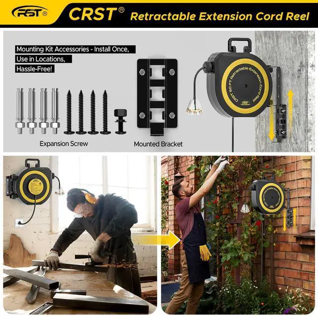Alt view image 5 of 5 - 50 FT Retractable Extension Cord Reel, 14AWG/3C SJTOW | Heavy Duty Power Cord with Lighted Triple Tap, 180° Swivel Wall/Ceiling Mount, 13-Amp Circuit Breaker, ETL Listed