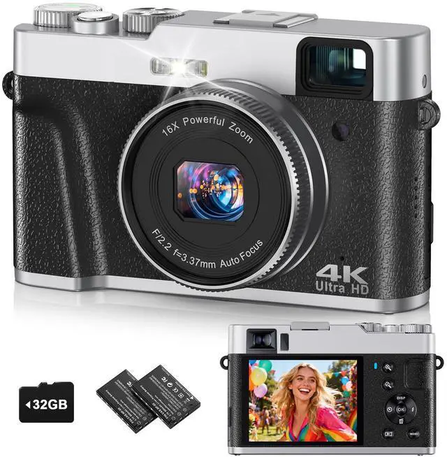 Main image of 4K Digital Camera for Photography, 48MP Autofocus Vlogging Cameras with 16X Digital Zoom, 2.8" LCD Point and Shoot Camera for YouTube, Anti-Shake Compact Cameras with 32GB Micro SD Card & 2 Batteries