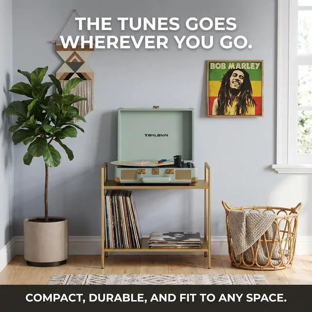 Alt view image 4 of 6 - Portable Record Player with Bluetooth Input, 3-Speed Belt-Drive Suitcase Turntable, Built-in Stereo Speakers, Bass/Treble Control, RCA Output, AUX Input & Headphone Jack, Sage Green