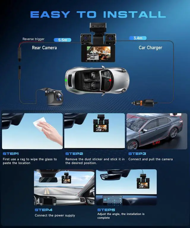 Alt view image 6 of 6 - 4 Channel 360° Dash Cam, 2K Front 1080P Rear Left Right, 3" IPS Screen, 5G WiFi APP Control, 8 IR Night Vision, G-Sensor, Loop Recording, 24/7 Parking Monitoring for Cars, Trucks, SUVs