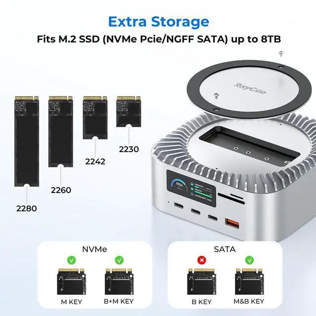 Alt view image 6 of 6 - All-in-One Charger Dock for Mac mini M4, Aluminum Mac mini M4 Dock Hub Stand with 8TB NVMe/SATA SSD Enclosure, 165W Power Delivery, 4K60Hz HDMI, Smart Display, SD/TF 4.0, 10G USB A/C, Audio