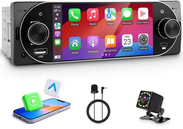 Main image of Single Din Car Radio with Apple CarPlay, Backup Camera,External Mic,Single Din Touchscreen Radio Supports Android Auto, Bluetooth, Dual Physical Knobs,SWC, EQ, FM Radio (Black)