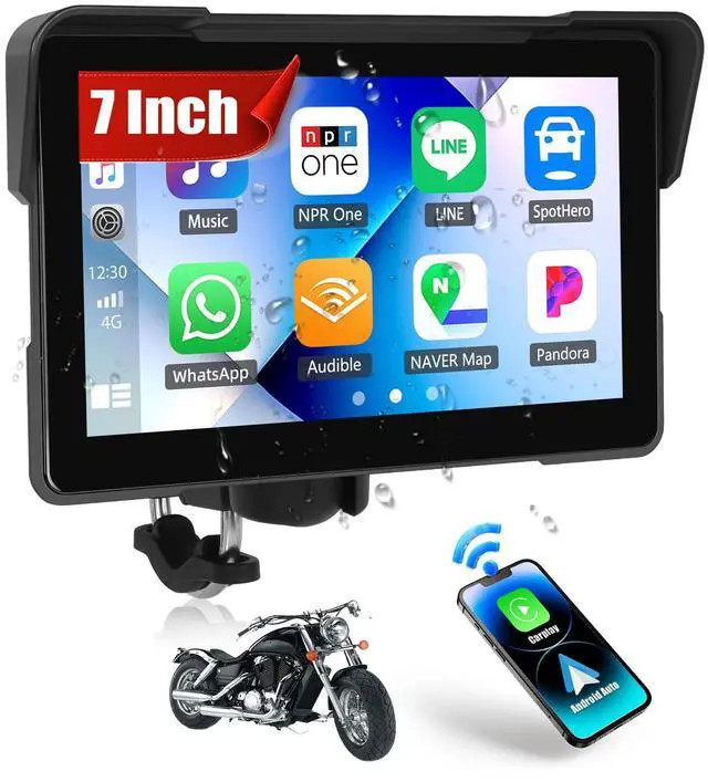 Main image of Motorcycle CarPlay Screen, 7" Waterproof Portable Wireless Apple Carplay Android Auto for Motorbike, Touchscreen Car Stereo Support Dual Bluetooth, Mirror Link, EQ, Voice Control