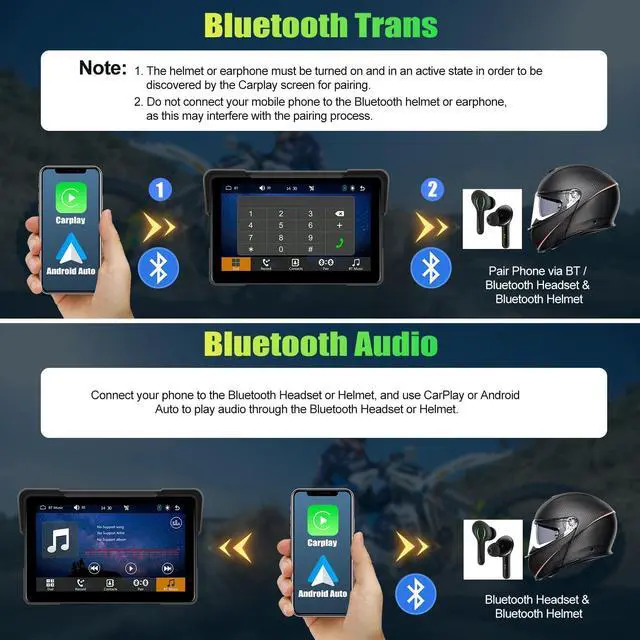 Alt view image 3 of 6 - Motorcycle CarPlay Screen, 7" Waterproof Portable Wireless Apple Carplay Android Auto for Motorbike, Touchscreen Car Stereo Support Dual Bluetooth, Mirror Link, EQ, Voice Control