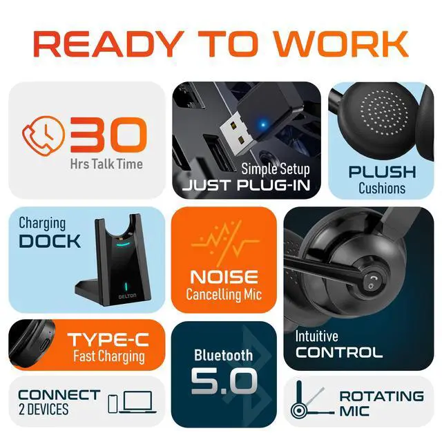 Alt view image 4 of 6 - 35X Bluetooth Computer Headset with Noise Cancelling Mic | Fast Charging Dock, Auto Pair USB Dongle for PC, Laptop, MacBook, Compatible with MS Teams, Zoom, Slack and More - Black