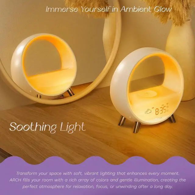 Alt view image 6 of 6 - 5G Arches Gradual Sunrise Alarm Clock with Wireless Charging Loud Alarm Clock for Heavy Sleepers Sunset White Noise Sleep Sound Machine Bluetooth Speaker Night Light Touch/App/Button Control
