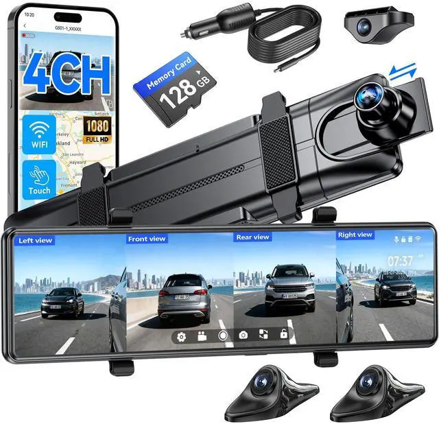 Main image of 4 Channel Mirror Dash Cam Detached Camera for Cars,1080P Front Rear Left Right Dash Camera for Car,12'' Rear View Mirror Camerawith 128GB Card, Night Vision, G-Sensor