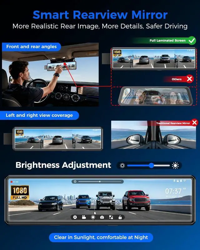Alt view image 6 of 6 - 4 Channel Mirror Dash Cam Detached Camera for Cars,1080P Front Rear Left Right Dash Camera for Car,12'' Rear View Mirror Camerawith 128GB Card, Night Vision, G-Sensor