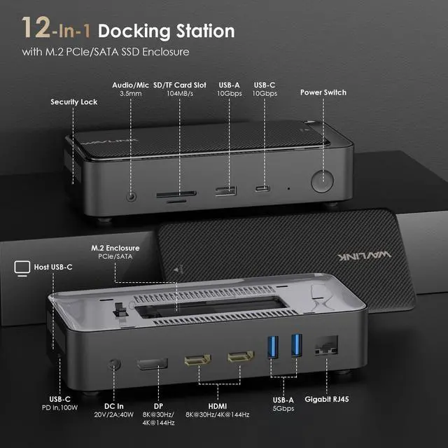 Alt view image 2 of 6 - Laptop Docking Station 3 Monitors(Max Resolution: Single 8K or Triple 4K), 12-1 USB C Hub with 10Gbps M.2 PCIe/SATA SSD Enclosure, 2*HDMI + DP, 100W PD, for MacBook Pro/Air Mac mini M1M4