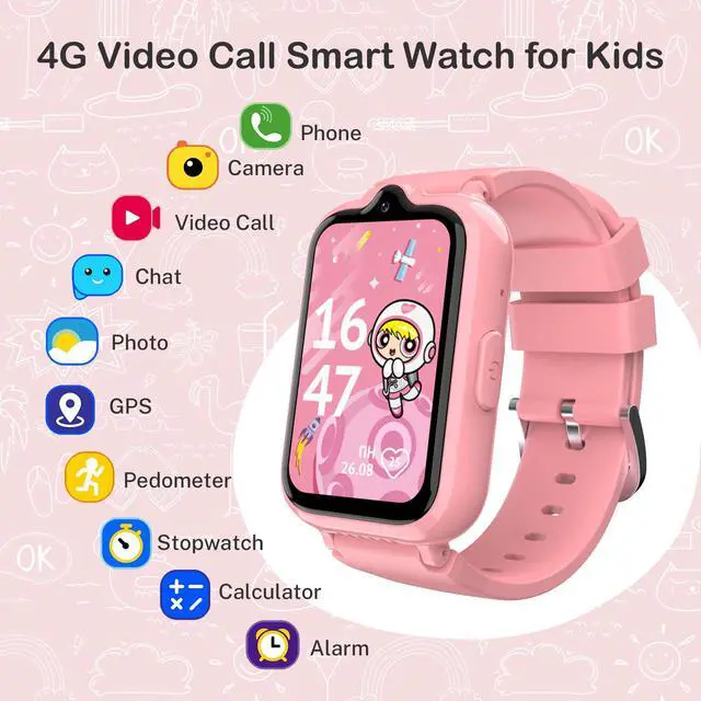 Alt view image 2 of 6 - 4G Kids Smart Watches Girls, GPS Watch for Kids with Video Call Voice Chat | Pedometer SOS Alarm Calculator Camera Waterproof HD Touch Screen Parental Controls, Digital Watch for Girls Age 5-12