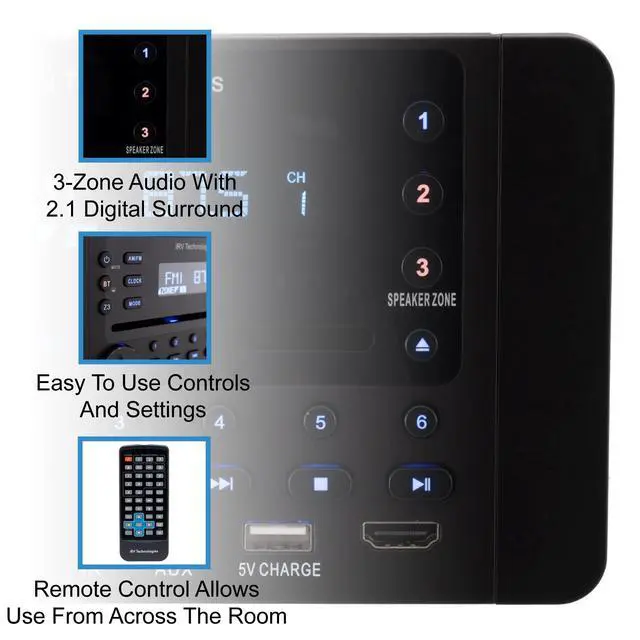 Alt view image 4 of 6 - Car Stereo with Bluetooth,IRV Technology iRV63 Independent Zone 3 Wireless RV Radio,Supports HDMI ARC,APP,Digital Surround Sound,A&FM,DVD,MP4,CEC,NFC,Clock,3 Zones Wall Mount Car Audio Receiver