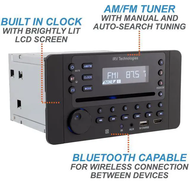 Alt view image 5 of 6 - Car Stereo with Bluetooth,IRV Technology iRV63 Independent Zone 3 Wireless RV Radio,Supports HDMI ARC,APP,Digital Surround Sound,A&FM,DVD,MP4,CEC,NFC,Clock,3 Zones Wall Mount Car Audio Receiver