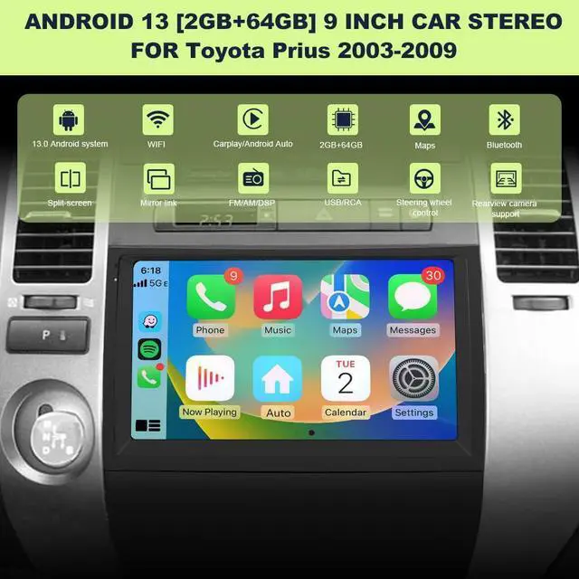 Alt view image 3 of 6 - 2G+64GB Car Radio Stereo for Toyota Prius 2003-2009 9Inch Android Head Unit Touchscreen with CarPlay Android Auto Bluetooth GPS Navigation with RearCamera (C) (9 in)