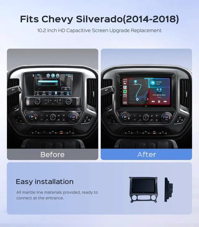 Alt view image 2 of 6 - 10.2'' Car Radio Stereo for Chevy Silverado 2014 2015 2016 2017 2018 GMC Sierra Replacement Upgrade 5G WiFi 2+64G Wireless Carplay/Android Auto/GPS/Bluetooth/FM Radio/1080P SWC