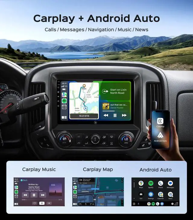 Alt view image 3 of 6 - 10.2'' Car Radio Stereo for Chevy Silverado 2014 2015 2016 2017 2018 GMC Sierra Replacement Upgrade 5G WiFi 2+64G Wireless Carplay/Android Auto/GPS/Bluetooth/FM Radio/1080P SWC