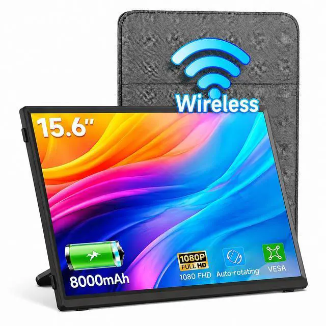 Main image of Wireless Portable Monitor 15.6", 8000mAh Battery, 1080P FHD IPS | 4H Runtime, 360° Rotating Stand, AirPlay & Miracast, USB-C & HDMI, VESA, Carry Bag, Wired/Wireless for MacBook, Laptop, Phone